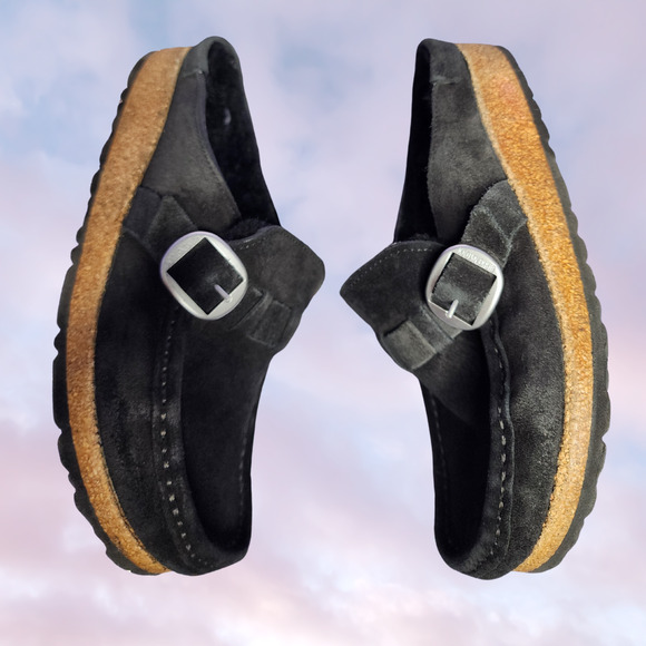 Birkenstock Buckley Black Suede Fuzzy Warm Buckle Slide On Clog Mule Loafer Sz 6 - Picture 3 of 6
